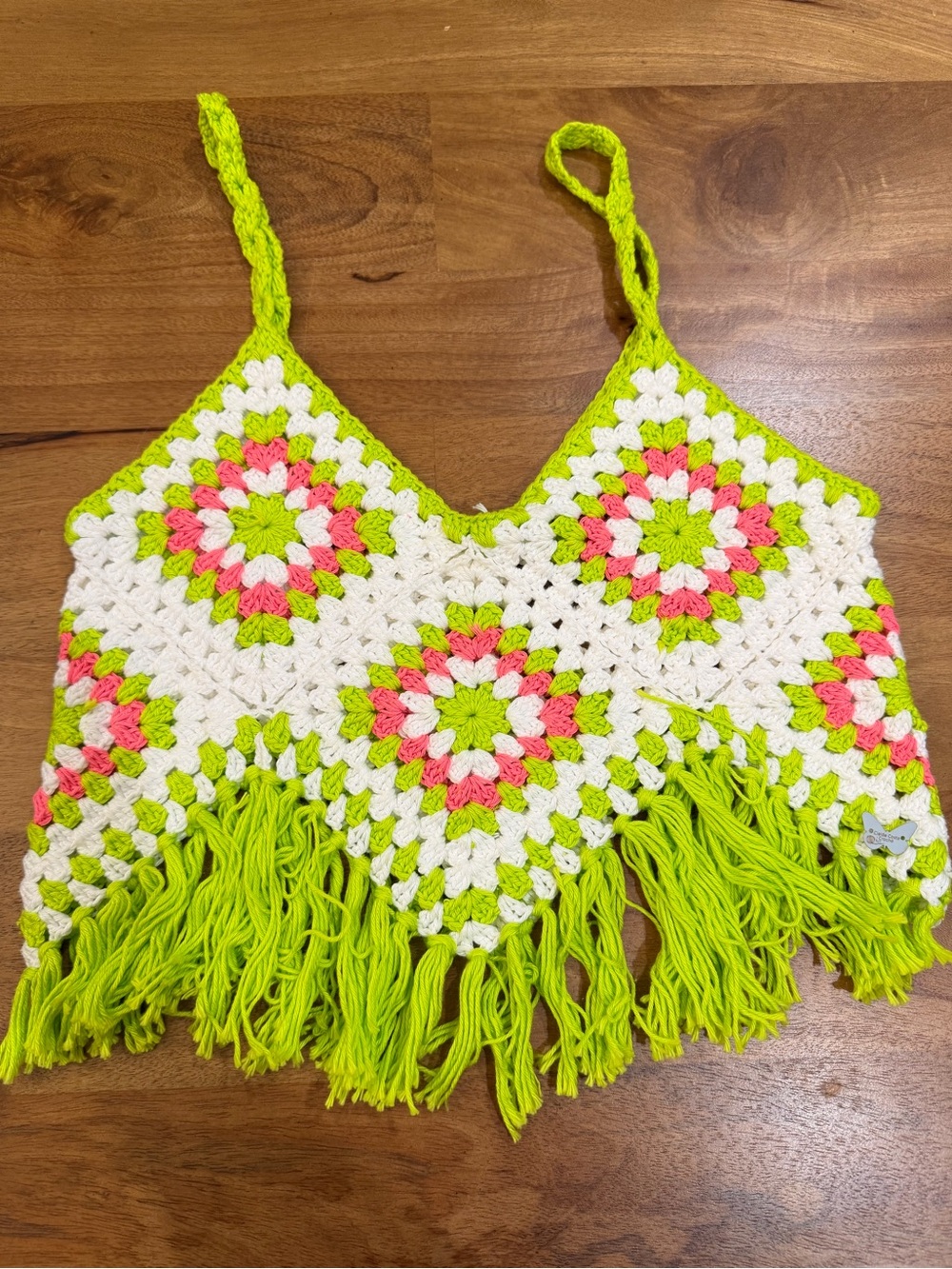 Cleide Costa Croche Crochet Fringe Crop Top in Lime Green, White & Pink 14.5”